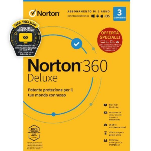 Norton 360 Deluxe 2024 | Antivirus per 3 dispositivi | Licenza di 1 anno | Secure VPN e Password Manager | PC, Mac, tablet e smartphone, 1 licenza/e, 1 anno/i, Download